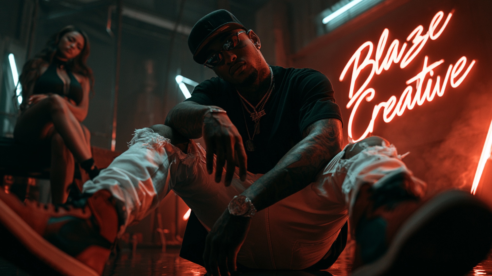 Music video set — neon Blaze Creative sign