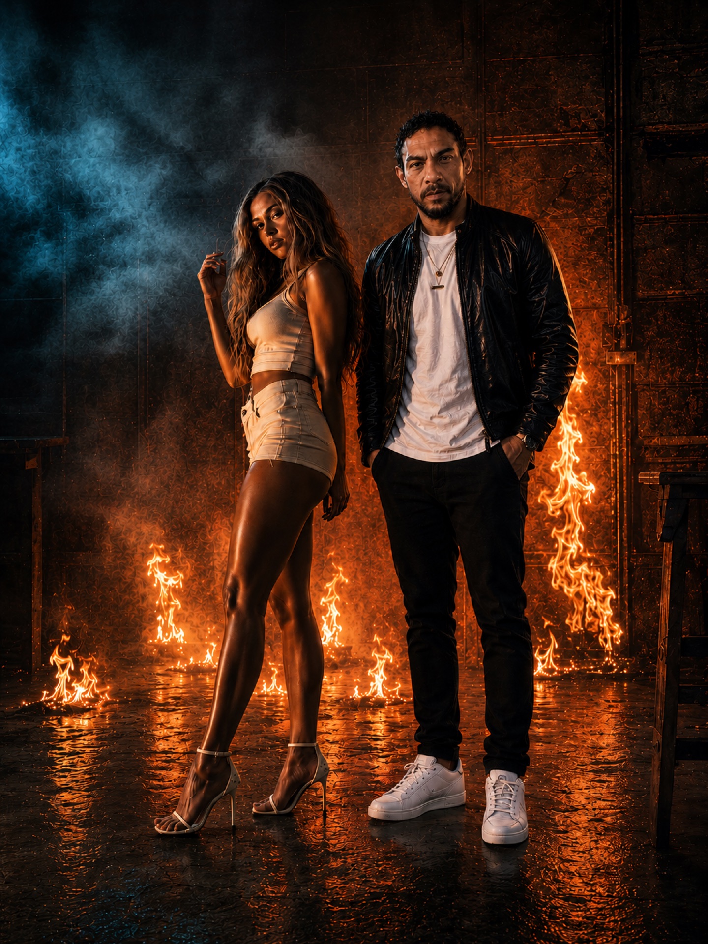 Two artists on a fire-lit set